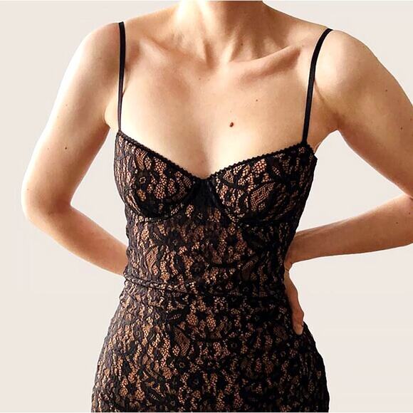 Rumored Black Lace Retro Bodycon Midi Dress Small Bordeaux Pinup Cocktail Party - Picture 2 of 6